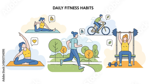 Daily Fitness Habits Illustration: People Exercising with Yoga, Running, Cycling, and Weightlifting for a Healthy Lifestyle