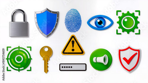 Collection of 3D icons for security, data protection, cybersecurity, and biometrics on a white background.