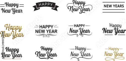 Bundle of vintage, modern, and calligraphic New Year's Eve vector lettering designs in black and white, featuring gold accents and decorative elements.