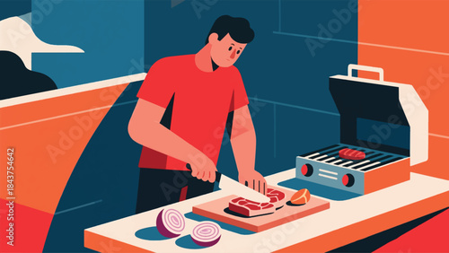 Illustration Of Person Preparing Ingredients Next To A Clean Grill, Anticipation In Their Expression Vector Design Template