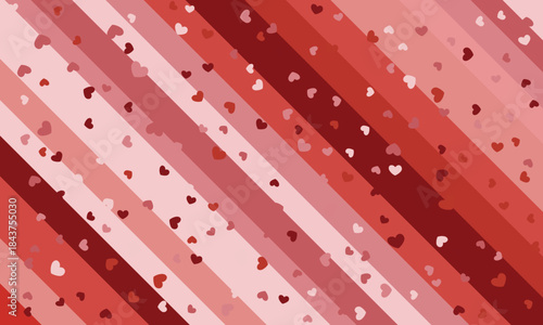 Valentine candy stripe pattern with diagonal stripes decorated with tiny kisses, dots, and mini hearts. Sweet romantic vibe, blush and cherry red palette, smooth vector design, seamless repeat