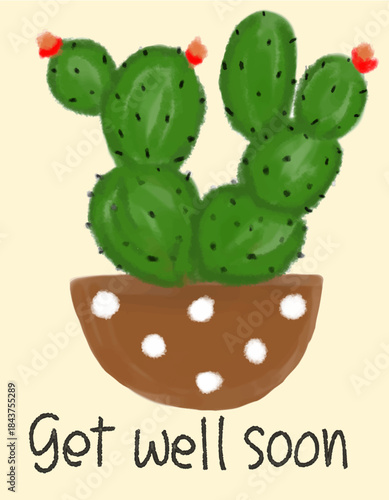 Hand-Drawn Cactus Plant with 'Get Well Soon' Message