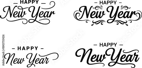 Vintage-inspired, swirling script calligraphy collection featuring decorative elements, ideal for New Year's Eve invitations and celebratory posters.