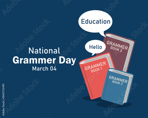 National Grammar Day. March 4, National grammar day celebration banner, card with multiple books in different colour. National grammar day simple and decent conceptual banner for the better learning.