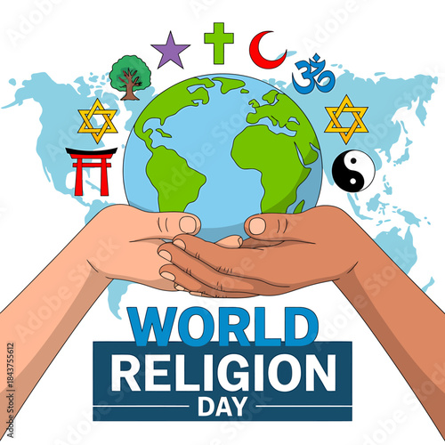 Hands holding the earth surrounded by symbols of major world religions celebrating world religion day