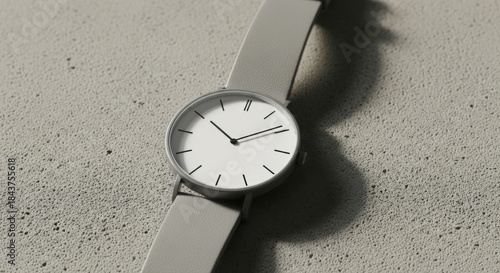 Close Up of Minimalist White Dial Watch with Grey Strap