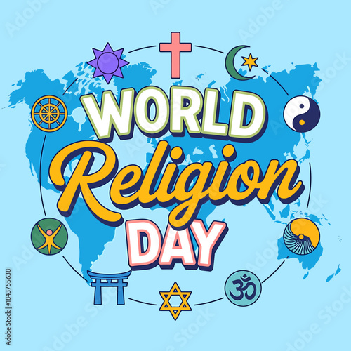 World religion day global unity concept illustration showcasing diverse faith symbols and world map background