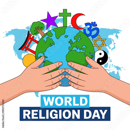 World religion day illustration showing hands holding the earth surrounded by symbols of diverse faiths