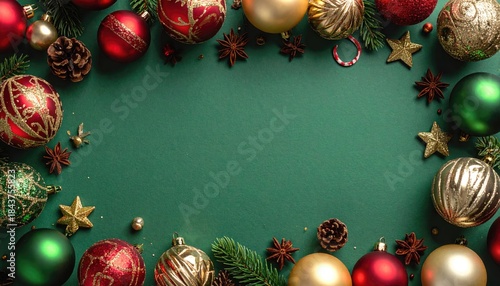 Festive Christmas Ornaments and Natural Elements Border on Green Background.