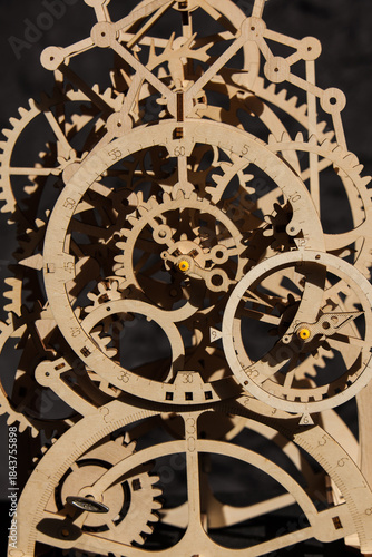 Intricate Wooden Mechanical Clock Model with Interlocking Gears 16681