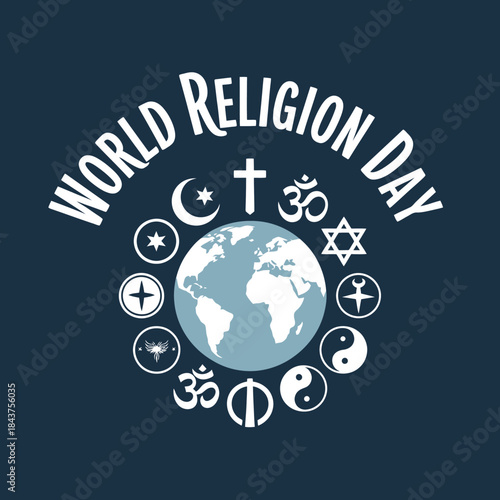A stylized graphic for world religion day showing diverse symbols of faith surrounding the planet earth