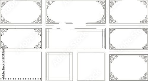 Collection of decorative rectangular frames, ornate border designs, elegant certificate templates, vintage layout styles, blank center for content