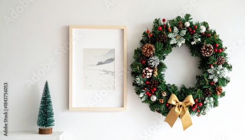Festive Christmas Wreath and Decorations on White Wall.