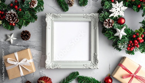 Festive Christmas flat lay arrangement with ornate empty frame and gift boxes.