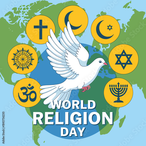 World religion day illustration featuring a dove of peace surrounded by symbols of major world religions on a globe background