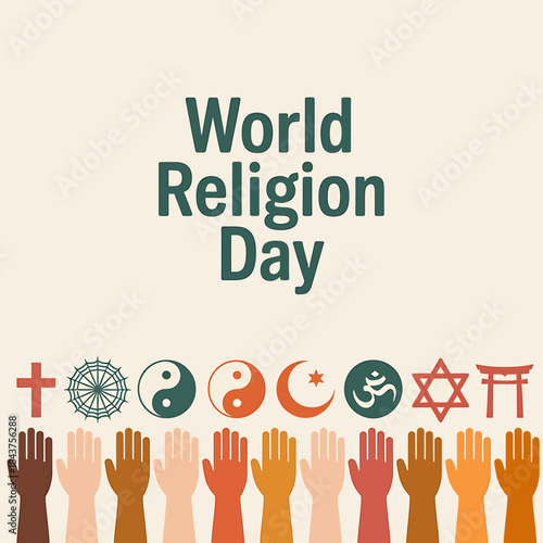 World religion day celebration with diverse symbols and hands representing global unity and interfaith harmony