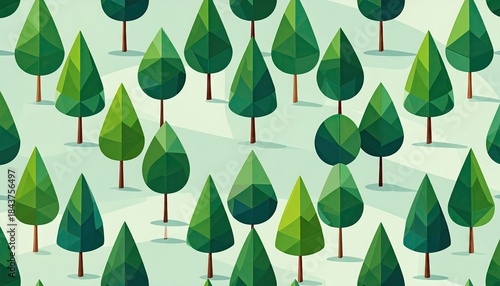 Seamless pattern of stylized green trees in a modern flat design with simple shadows.