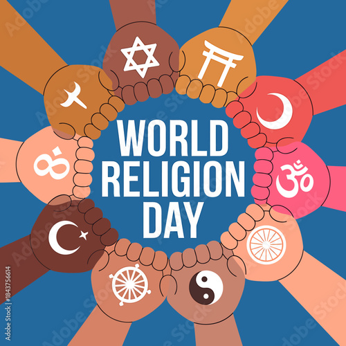 A colorful illustration celebrating world religion day with diverse hands and symbols of interfaith harmony and unity