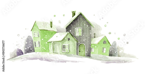 winter village watercolor illustration with snow falling, vector template for winter and christmas greeting cards or real estate advertising, green and grey colours isolated on white background