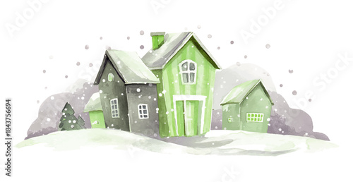 winter village watercolor illustration with snow falling, vector template for winter and christmas greeting cards or real estate advertising, green and grey colours isolated on white background