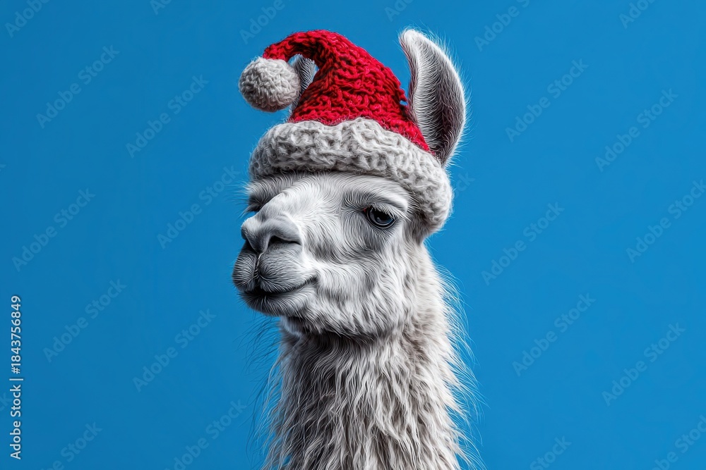 Obraz premium Llama Wearing Festive Christmas Hat Blue Background