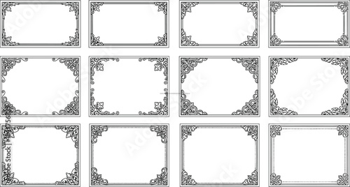 Ornate decorative frame set, vintage certificate borders, floral scrollwork embellishments, elegant invitation templates, classic graphic design elements, artistic assets