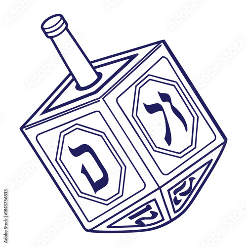 Blue outline dreidel spinning with Hebrew letters on white background spinning top hanukkah