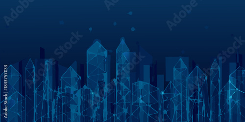 Abstract polygonal cityscape in deep blue tones with connecting network lines