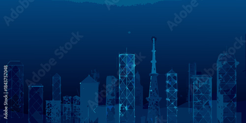 Abstract geometric skyline of a city at night rendered in shades of blue
