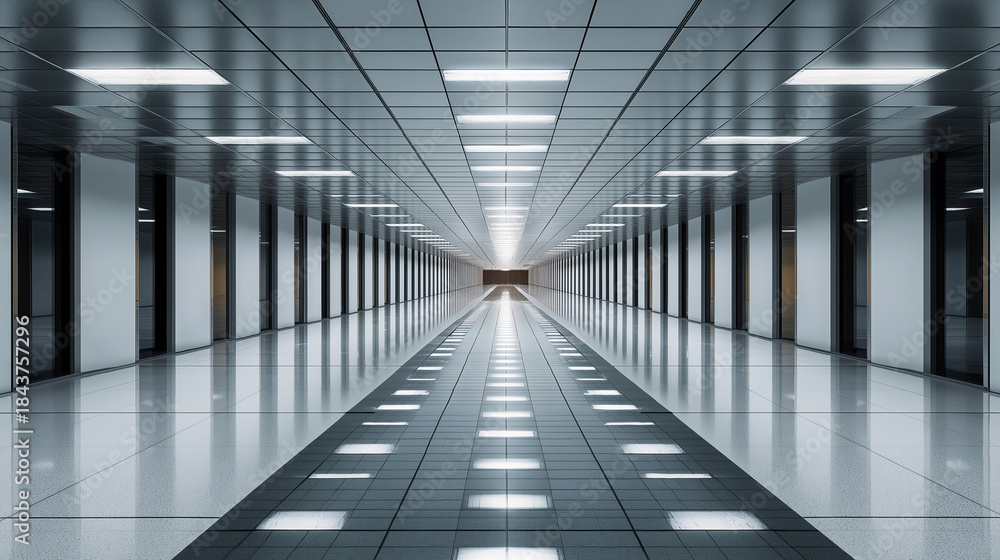 Fototapeta premium Symmetrical Data Center Corridor: Futuristic Technology Infrastructure Design