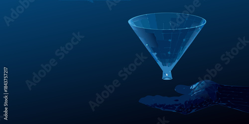 A blue funnel with liquid dripping into a dark textured surface below