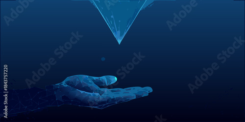 A digital hand reaching up towards a falling polygonal water droplet