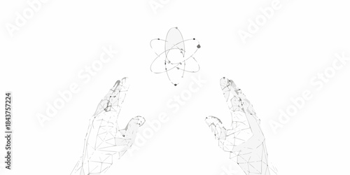 Hands holding a wireframe atom symbolizing technology and scientific innovation