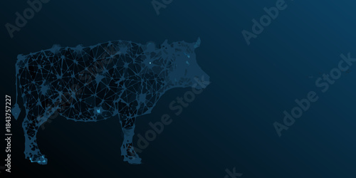 A polygonal depiction of a cow against a dark blue background