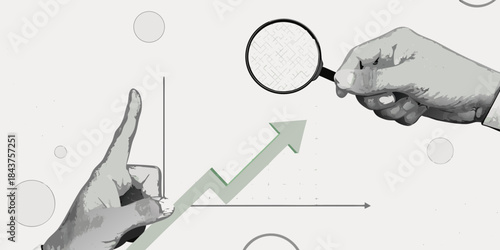 Analyzing growth trends hands pointing to an upward chart with a magnifying glass