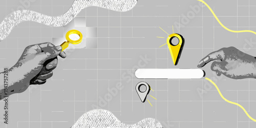 Hands investigating location with a magnifying glass and map pins