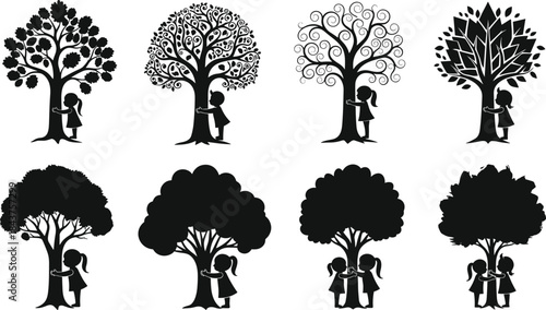 Children kissing under tree silhouette vector set, black and white romantic nature clipart for love, affection, seasonal, and artistic design themes