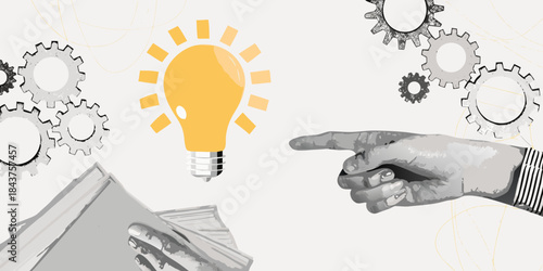 A bright idea hand pointing towards a glowing lightbulb with gears