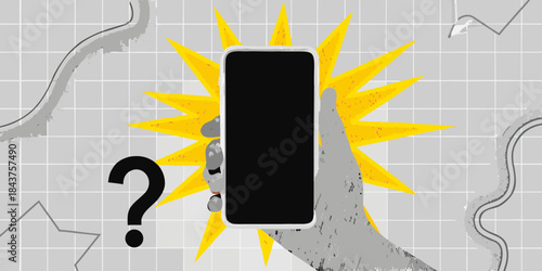 A hand holding a smartphone with a question mark and starburst background