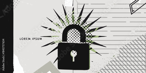 Abstract depiction of a black padlock with radiating lines and geometric shapes