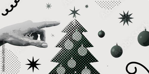 Abstract christmas scene with a hand reaching towards a christmas tree