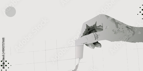 A grayscale image depicting a hand erasing a line on a grid background