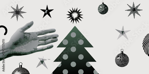 A hand reaching towards a dotted christmas tree and festive star decorations