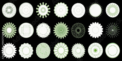 A collection of diverse stylized green and white circular gear designs