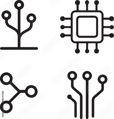 Isolated Skyroot Pattern Icon Set, Skyroot Pattern Circuit System Style Icon, Skyroot Pattern Digital Circuit Symbol Icon, Black Circuit Style Abstract Tech Icon, Minimal Circuit Paths Vector
