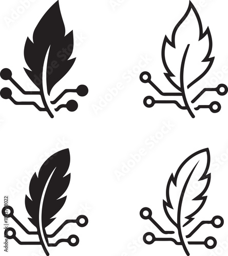 Isolated Spark Feather Icon Set, Spark Feather Circuit System Style Icon, Spark Feather Digital Circuit Symbol Icon, Black Circuit Style Abstract Tech Icon, Minimal Circuit Paths Vector