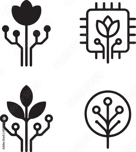 Isolated Circuit Bloom Icon Set, Circuit Bloom Circuit System Style Icon, Circuit Bloom Digital Circuit Symbol Icon, Black Circuit Style Abstract Tech Icon, Minimal Circuit Paths Vector