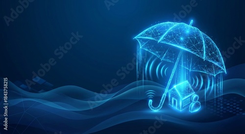 Digital holographic umbrella protecting a home and person against abstract dark blue wave background