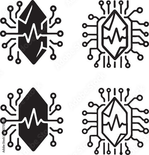 Isolated Crystal Pulse Icon Set, Crystal Pulse Circuit System Style Icon, Crystal Pulse Digital Circuit Symbol Icon, Black Circuit Style Abstract Tech Icon, Minimal Circuit Paths Vector