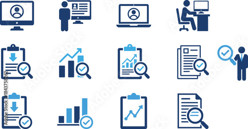Data analysis icons with computer, clipboard, chart, document, magnifying glass, user profile, verification, report, research, vector illustration